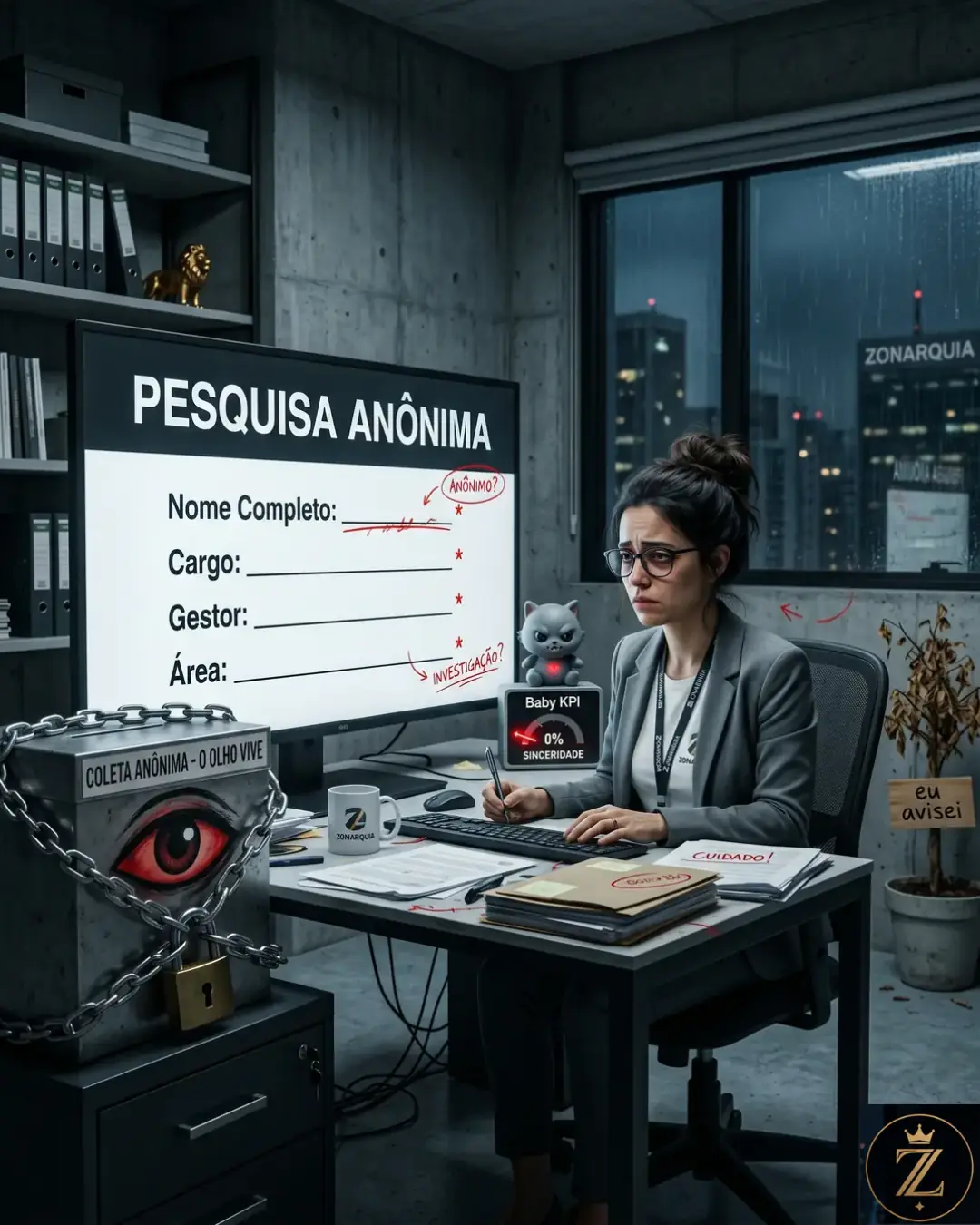 Cena corporativa satírica da Zonarquia mostrando uma pesquisa anônima que pede nome completo, cargo, área e gestor, com caixa lacrada e personagens simbolizando escuta ativa falsa.