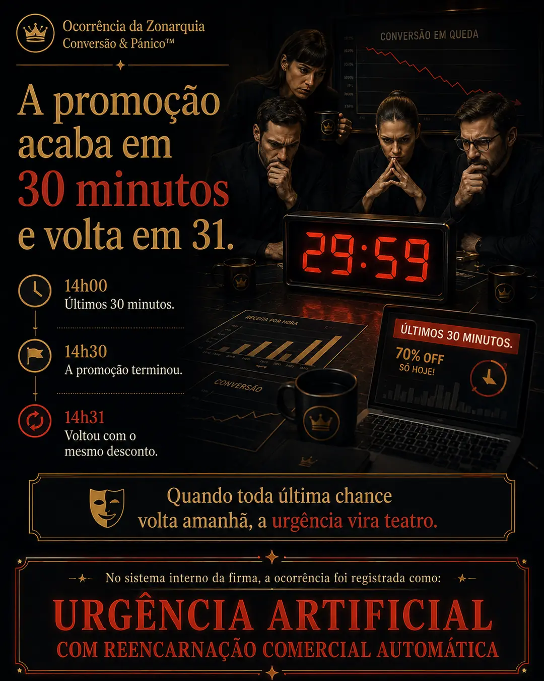 Post satírico da Zonarquia Conversão & Pânico sobre promoção com cronômetro de 30 minutos que acaba e volta logo depois, criticando urgência artificial no marketing digital.