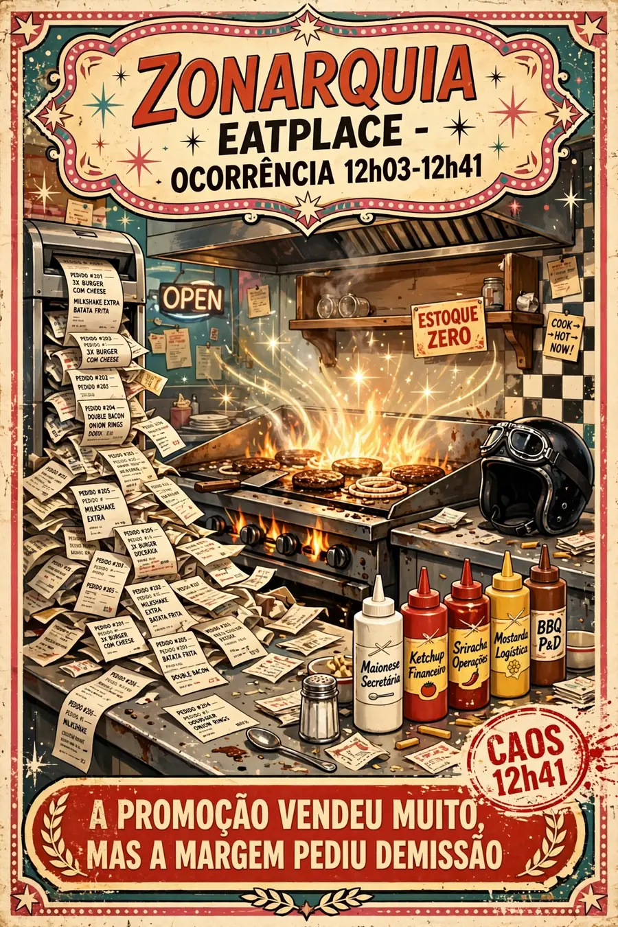 Post satírico da Zonarquia FoodOps sobre restaurante que vendeu muito em uma promoção, mas perdeu margem por causa de desconto, taxas, embalagem e operação sobrecarregada.