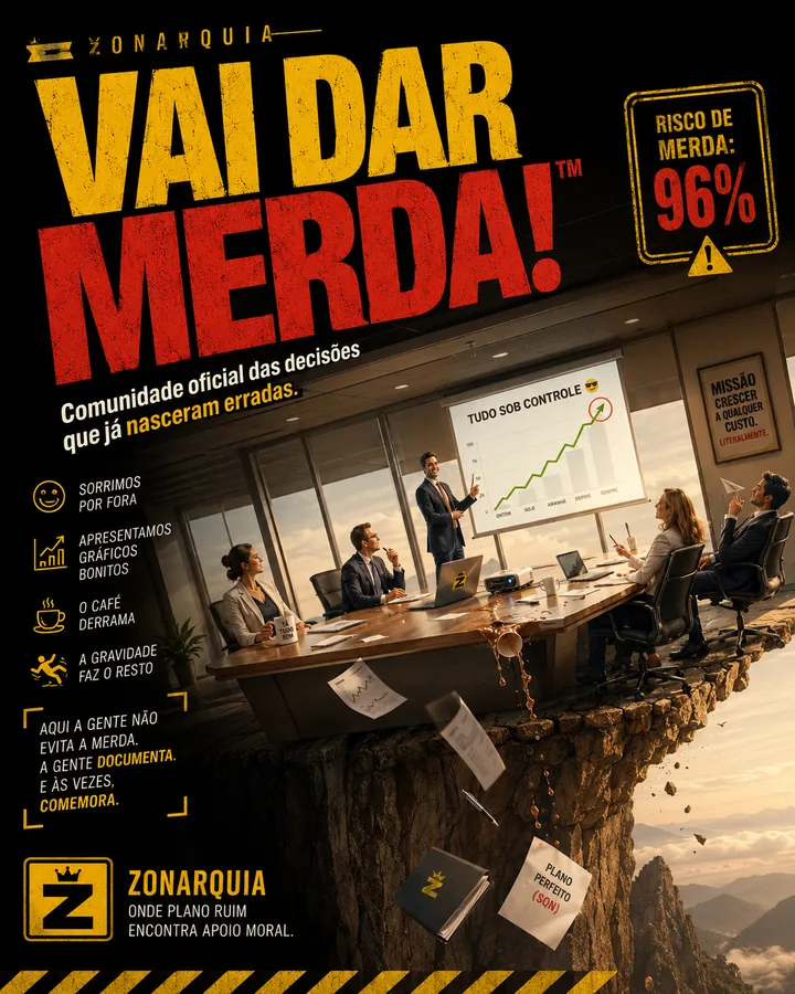 Poster da comunidade Vai Dar Merda com reunião corporativa à beira do precipício