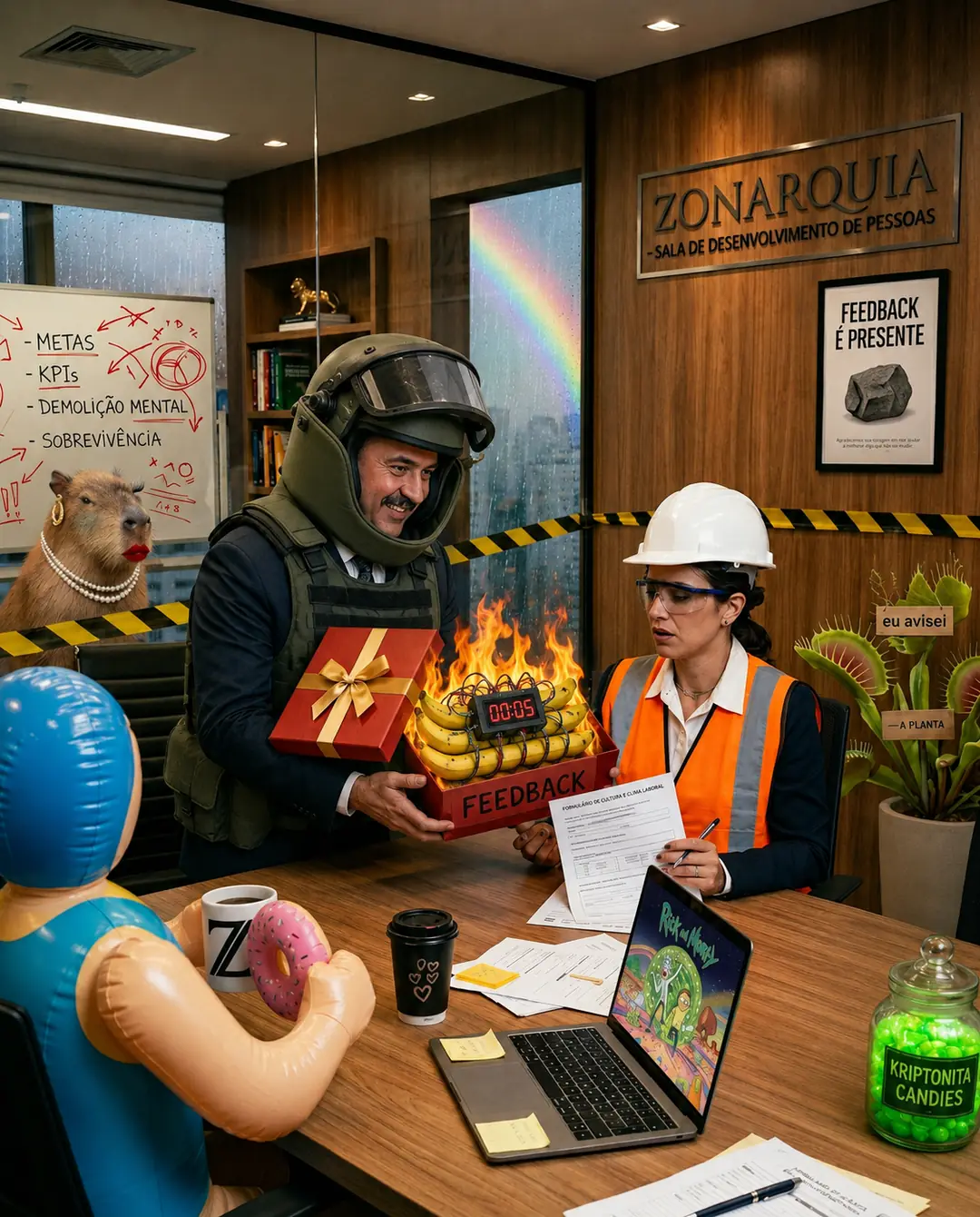 Sala corporativa satírica da Zonarquia mostrando uma reunião de feedback como área de risco, com capacetes, coletes, cones, caixa de presente com pedra e cartaz “feedback é presente”.