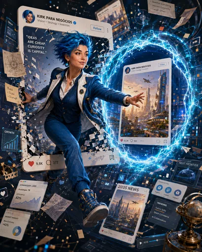 Kirk, cientista e inventora da Zonarquia, com cabelo azul e brincos de planeta e buraco negro