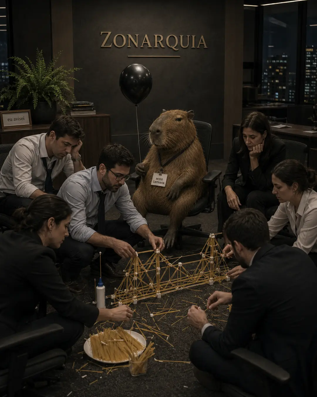 Capivara sentada em cadeira de escritório com crachá Modo Capivara, café frio e funcionários cansados ao redor, representando exaustão corporativa com humor satírico da Zonarquia.