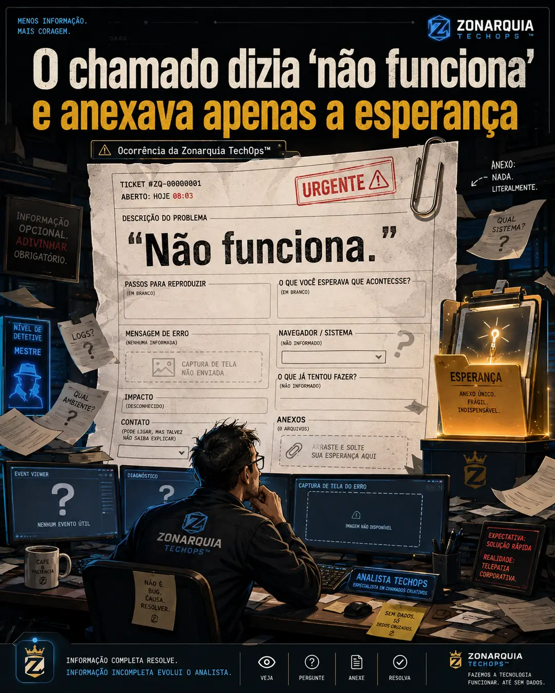 Post satírico da Zonarquia TechOps sobre suporte de TI recebendo um chamado sem contexto com a frase “não funciona” e expectativa de solução imediata.