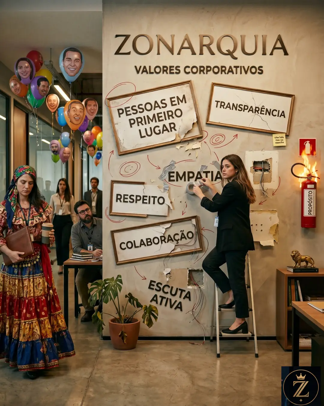 Parede corporativa satírica da Zonarquia com valores como pessoas em primeiro lugar e transparência descolando da parede, enquanto funcionários cansados observam a cultura virar decoração institucional.