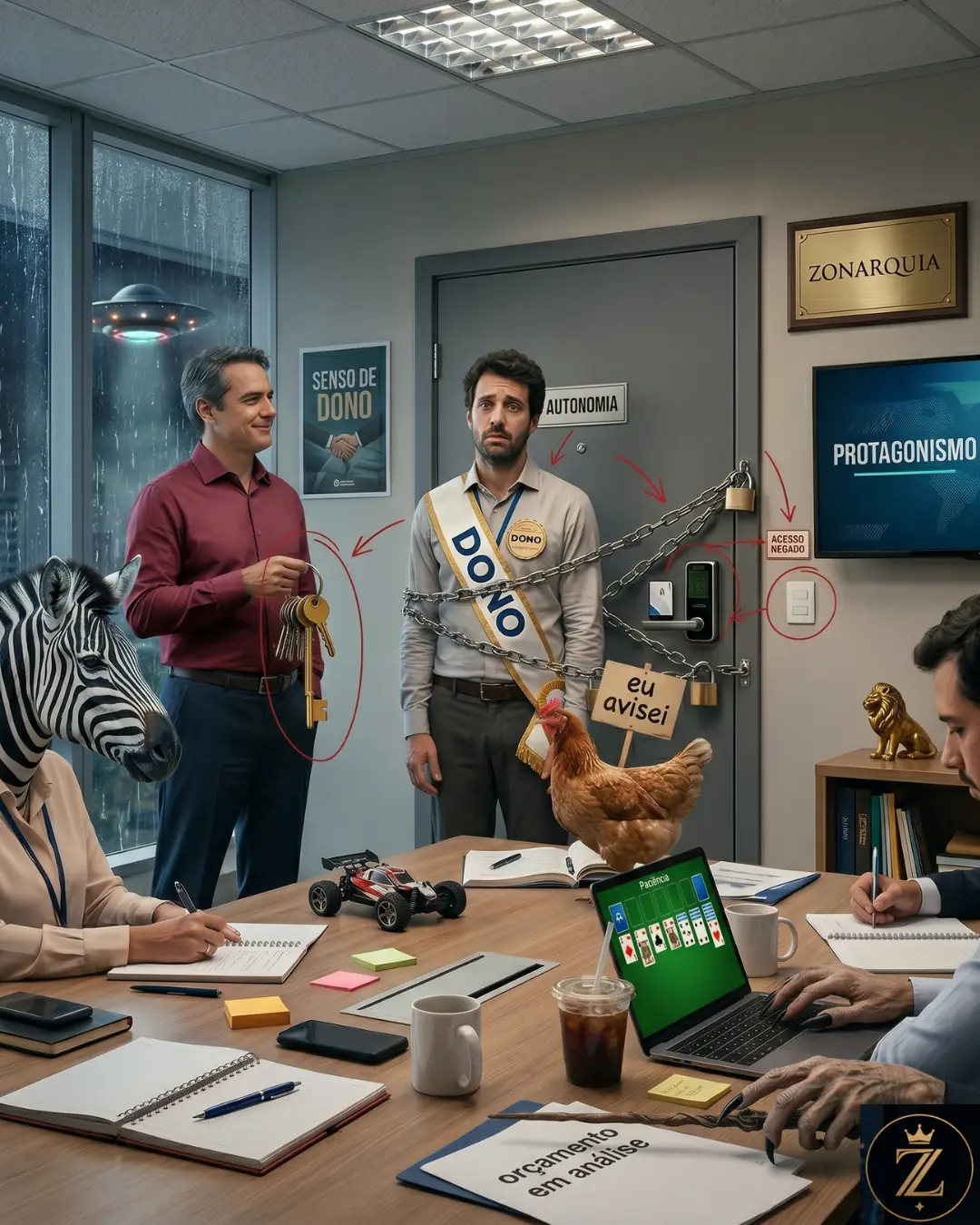 Cena corporativa satírica da Zonarquia mostrando um colaborador com placa de dono diante de uma porta trancada, enquanto um gestor segura as chaves da autonomia.