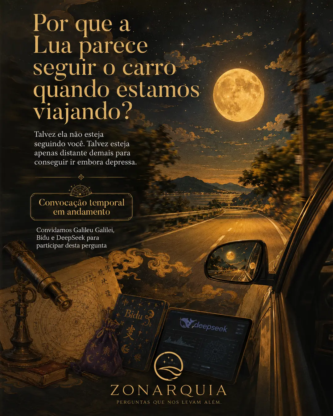 Pergunta da comunidade Perguntas Além do Tempo: Por que a Lua parece seguir o carro quando estamos viajando?