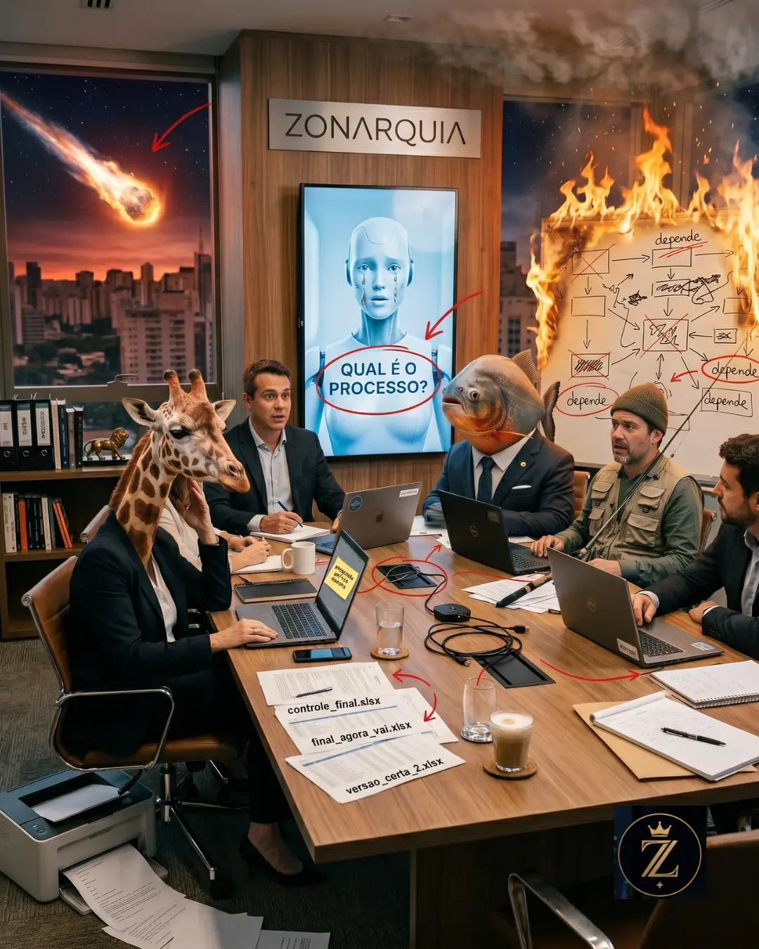 Sala de reunião corporativa satírica da Zonarquia com uma IA perguntando “Qual é o processo?” enquanto funcionários observam planilhas confusas, fluxos contraditórios e automação sem maturidade operacional.