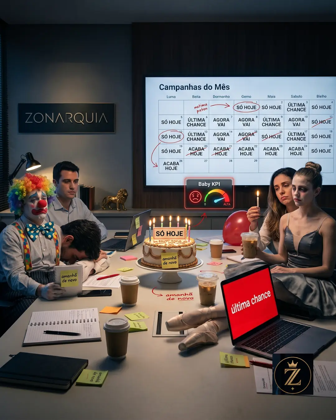Sala de marketing corporativa satírica da Zonarquia com bolo de aniversário da campanha “Só Hoje”, calendário cheio de últimas chances repetidas e equipe cansada diante de uma promoção infinita.