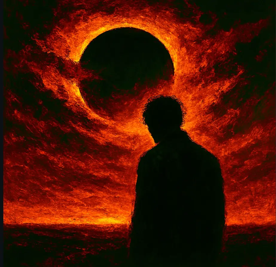 Silhueta de uma pessoa observando um grande eclipse cercado por nuvens intensas em tons de vermelho, laranja e preto, criando uma atmosfera de transformação, incerteza e confronto com o desconhecido.Não somos uma sombra no Sol. Shadow on the sum