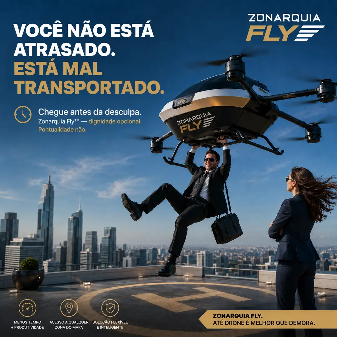 Chega uma hora em que sair mais cedo deixa de ser planejamento e vira humilhação.Por isso nasceu a Zonarquia Fly™: para quem olha o trânsito parado lá embaixo e pensa “isso parece um problema terrestre”.